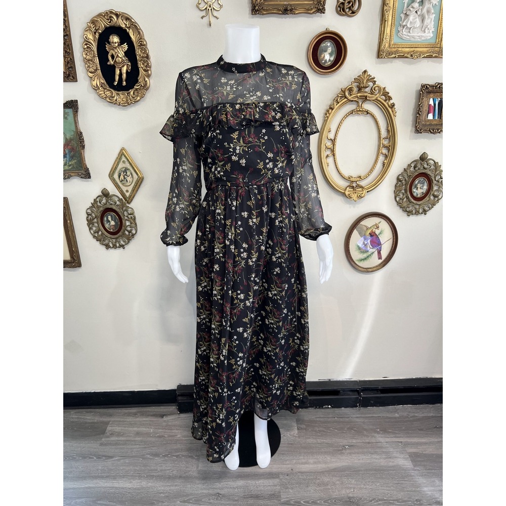BB Dakota Black Floral Chiffon Long-Sleeve Maxi Dress Size 10